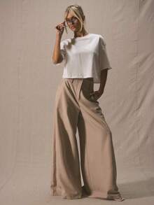 Pantalones con pierna extremadamente ancha, cintura profunda, elegantes, profesionales, de negocios, casuales, de vacaciones, de invierno, de - Blanco - Ver 2