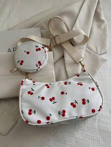 Set de 2 piezas: Monedero cuadrado con patrón geométrico y bolso cruzado clásico de mujer con bolsillo colgante, diseño de flor de cerezo - Blanco - Ver 2