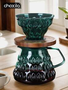 choxila 1pc Gradient Color Glass Pour Over Coffee Pot, 700ml Glass Sharing Coffee Pot With Glass Coffee Filter And Wooden Base, Home Or Office Coffee Pot Set - Green Gradient Sharing Pot - View 2