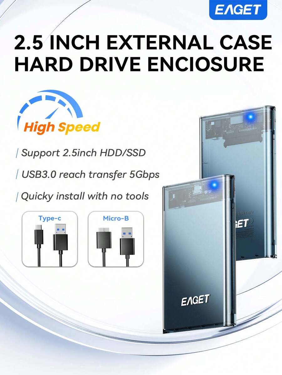 2.5 Inch External Hard Drive Enclosure USB 3.0 To SATA III Adapter Plug And Play Supports HDD/SSD Up To 6TB Portable Metal Case Universal UASP Support (Hard Drive Not Included) - 無色 - 查看 1