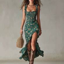 Vestido de tirantes finos para mujer, con volantes, sin mangas, de corte midi con abertura alta, vestido fluido informal para vacaciones en la playa. - Blanco - Ver 2