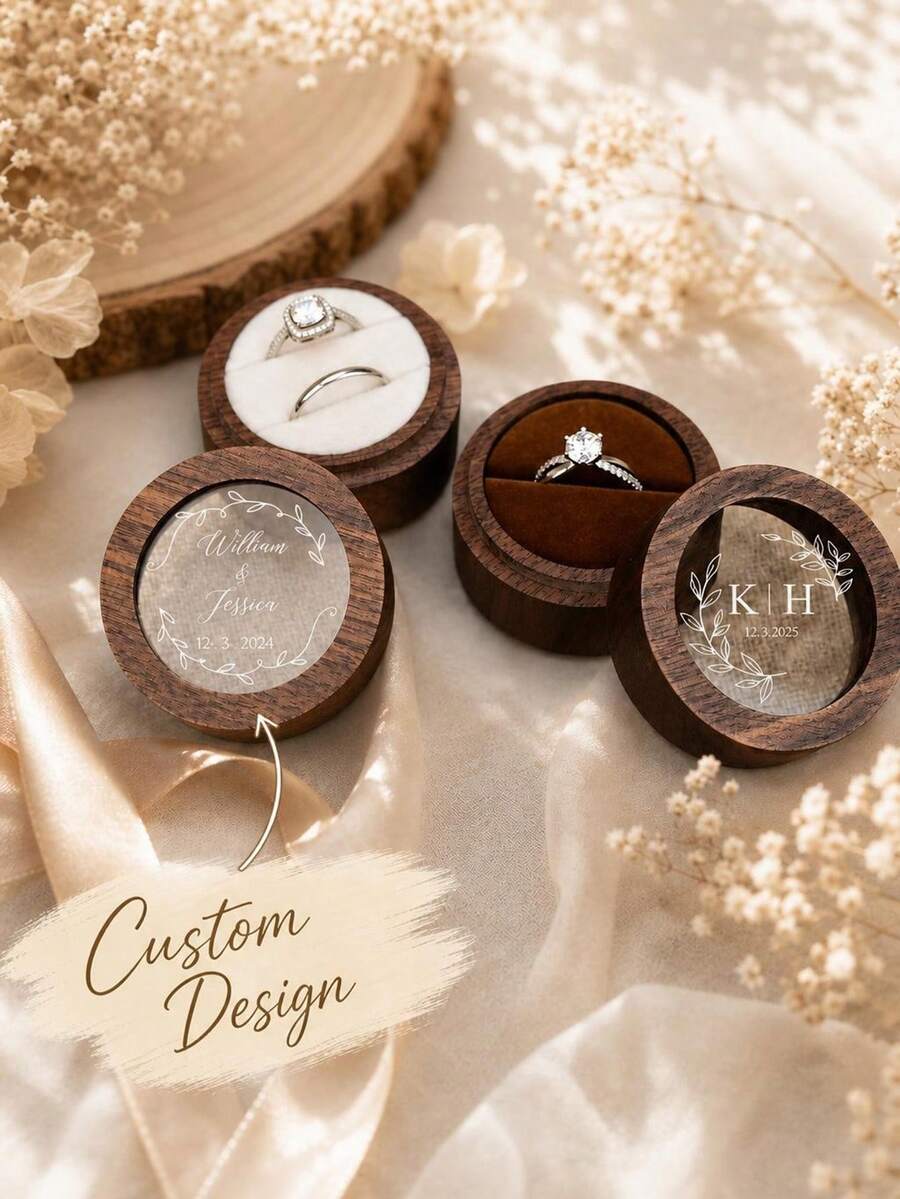 客製化木製婚戒盒，附透明壓克力蓋，可刻字訂婚求婚戒指收納盒，獨特新娘婚前派對禮物，鄉村風木製珠寶盒，訂婚戒指紀念收藏盒，客製化情侶戒指盒 - 彩色 - 查看 1