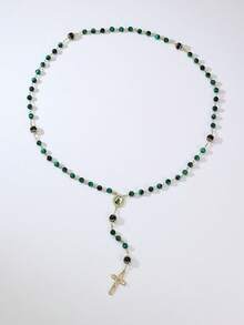 Kalung Rosario Religius Manik Hijau, Salib & Liontin Santo Yudas & Bunda Maria, Aksesori Devosi Katolik Klasik untuk Hari Raya Keagamaan dengan Kotak Hadiah. - Biru - View 5
