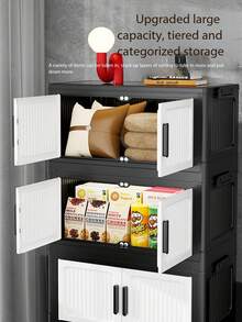 1pc 50cm Wide Folding Storage Cabinet, Large Capacity Multi-Layer Folding Storage Cabinet Set, Stackable Double Door Plastic Storage Cabinet, Multi-Purpose Home Storage Cabinet, Can Store Clothes, Books, Toys, Waterproof And Dustproof, With Wheels, Suitable For Bedroom, Living Room, Study, Bathroom, Home Organization, Christmas Decoration, Kitchen Storage Rack - Black and White - View 9