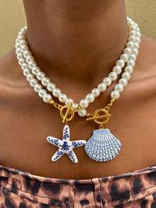 Blue And White Porcelain Starfish Shell Conch Necklace, Summer Vacation Style Handmade Beaded Stainless Steel Pendant Beach Accessory - Beaded Necklace - View 4