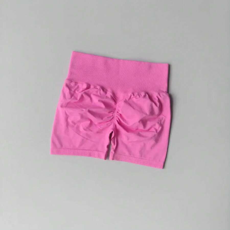 Peach Yoga Shorts For Girls, High Waisted Crisscross Shorts, Snap Knit, Running, Sports, Elastic, Tummy Lift, Butt-Skimming Shorts - HuaFen - 查看 1