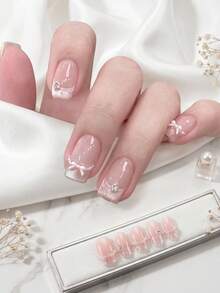 5pcs Square Acrylic Press-On Nails, Short/3D Bow, Pearl Flower, Rhinestone French Sweet Nails, Perfect Fit Acrylic Fake Nails, Suitable For Women's Autumn/Winter Daily Work, Study And Gatherings, Also Suitable For Parties, Holidays And Daily Use. - Multicolor - View 1