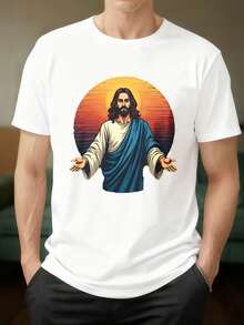 Camiseta de Manga Corta Negra con Estampado de Jesús en Puesta de Sol, Diseño Religioso para Uso Diario y Eventos Espirituales - Blanco - Ver 1