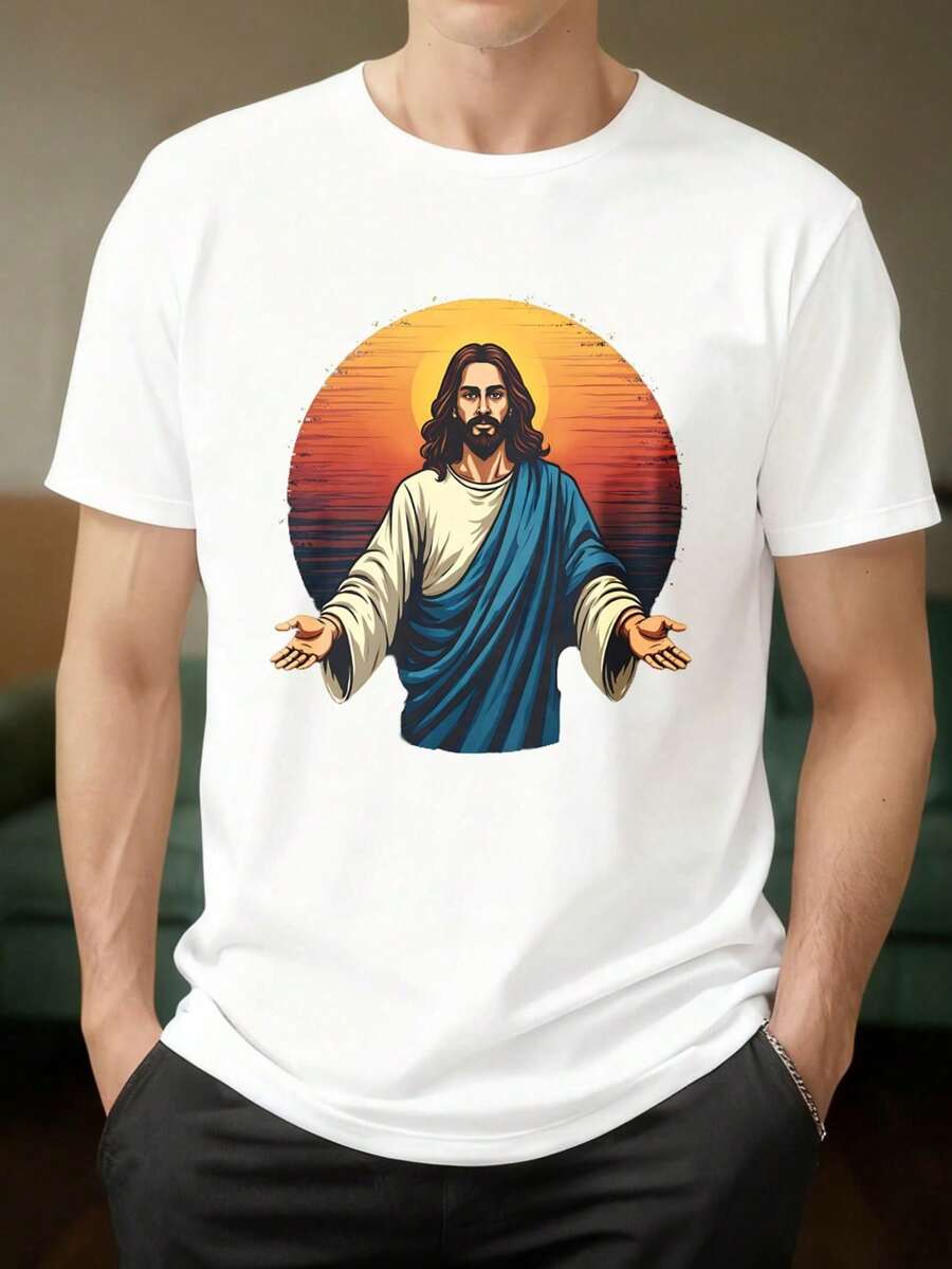 Camiseta de Manga Corta Negra con Estampado de Jesús en Puesta de Sol, Diseño Religioso para Uso Diario y Eventos Espirituales - Blanco - Ver 1
