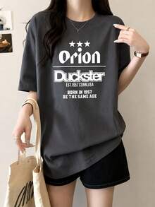 100% Cotton Crew Neck Printed Short-Sleeve T-Shirt, New Summer Clothing For Women, Stylish Relaxed Casual Top - Dark Grey - View 1