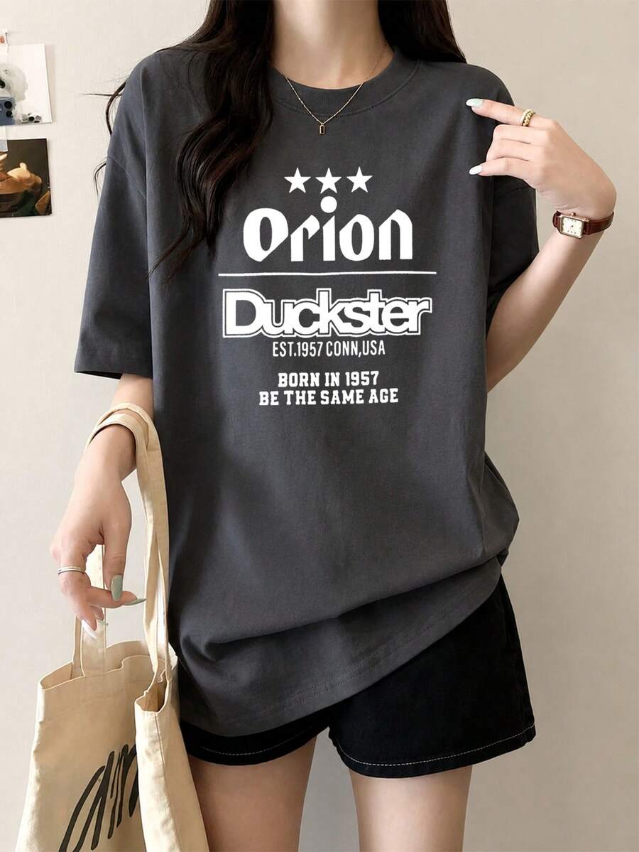 100% Cotton Crew Neck Printed Short-Sleeve T-Shirt, New Summer Clothing For Women, Stylish Relaxed Casual Top - Dark Grey - View 1