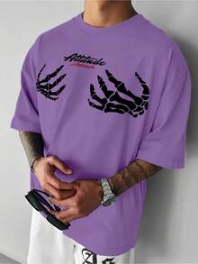 Una camiseta de hombre con un diseño de estilo callejero casual.Hecho de poliéster, presenta un corte holgado, cuello redondo y mangas cortas, adecuado para el uso en verano. - Morado - Ver 1