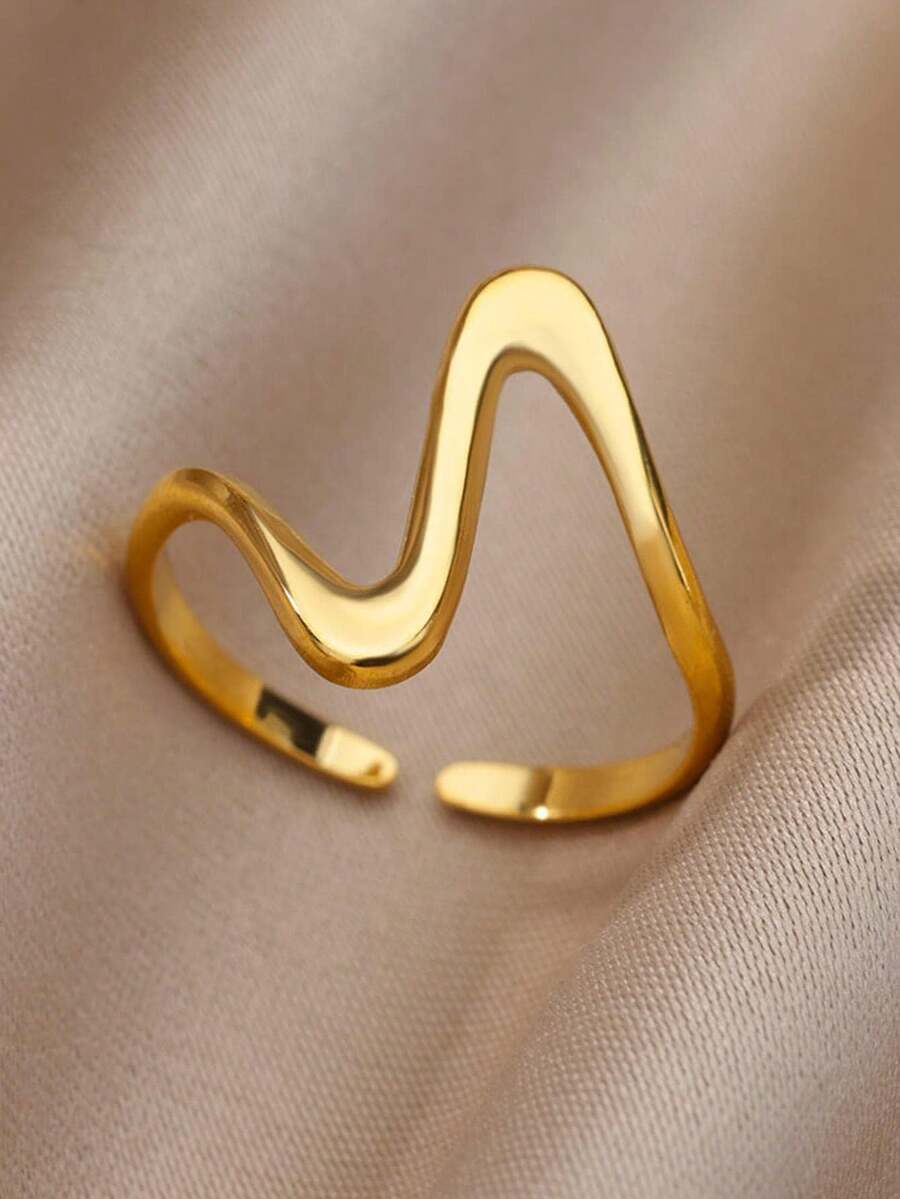 1 pieza Anillo de acero inoxidable asimétrico de diseño abierto simple y de moda, para uso diario tanto de hombres como de mujeres - Amarillo Oro - Ver 1
