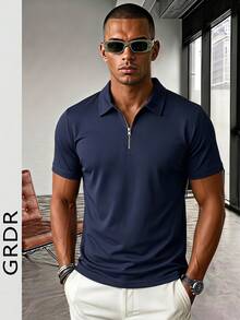 GRDR Men's Solid Color Short Sleeve Zipper Design Casual Versatile T-Shirt - Navy Blue - View 4
