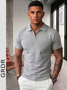 GRDR Men's Solid Color Short Sleeve Zipper Design Casual Versatile T-Shirt - Light Grey - View 3