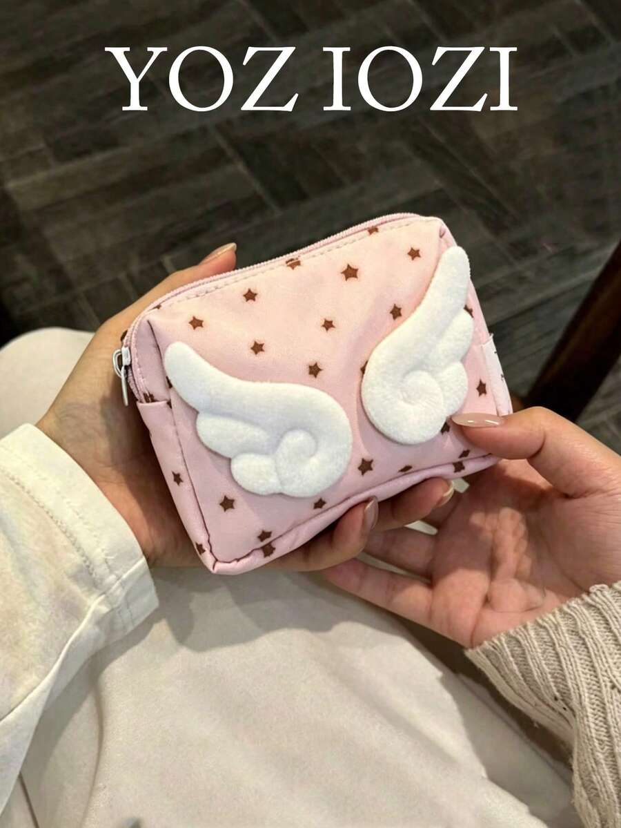 Estilo japonés & coreano de nicho, tarjetero de doble capa con lindo estampado de lunares, monedero pequeño, bolsa de almacenamiento portátil fresca de alta estética - Rosa - Ver 1