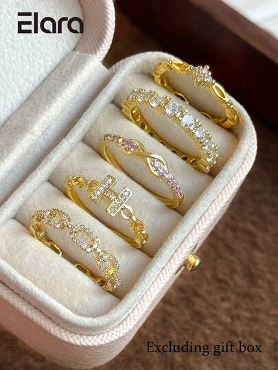 5 Pairs Luxury Elegant Fashion Infinity Symbol Geometric Letter Chain Design Micro-Inlaid Synthetic Zirconia Exquisite Daily Party Gathering Holiday Women's Open Ring Set