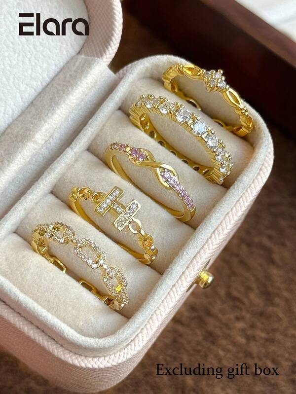 Set de 5 pares de anillos abiertos para mujer, de lujo, elegantes y de moda, con diseño de cadena de letras geométricas y símbolo de infinito, microincrustaciones de circonita sintética, para uso diario, fiestas, reuniones y vacaciones