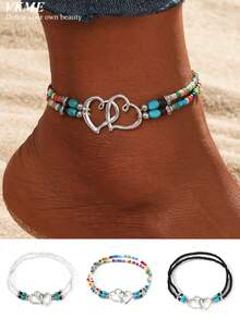 VKME 3pcs/Set Fresh Summer Double Heart-Shaped Seed Bead Multi-Layer Women's Casual Anklet - XH92822752 - View 4