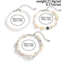 3pcs/Set Men's Beach Layered Bracelet Set: Seashell, Pearl, Evil Eye Stone Beaded Bracelets, Bohemian Style Vacation And Daily Wear Jewelry - White K - View 10