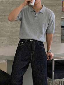 春夏歐美日韓休閒中性百搭純色極簡商務風男女款針織短袖V領套頭毛衣返校季 - 灰色 - 查看 3