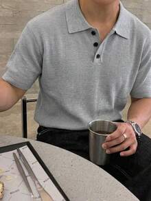 春夏歐美日韓休閒中性百搭純色極簡商務風男女款針織短袖V領套頭毛衣返校季 - 灰色 - 查看 4