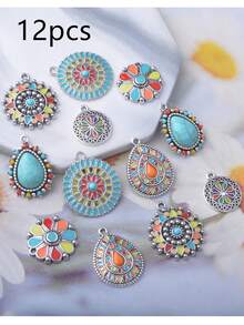 12pcs/Set Paduan Logam Perak Vintage Musim Panas Enamel Bunga Akrilik Liontin Aksesoris Anting-anting - Mint Blue - View 9