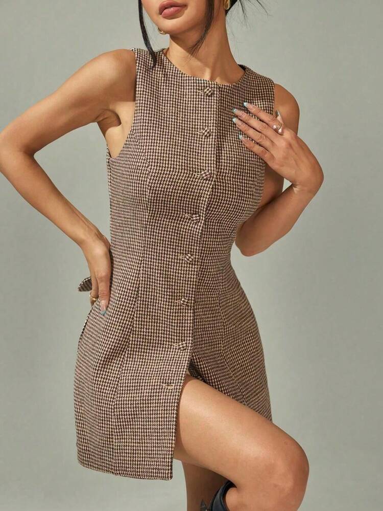 PETITE Vestido de mujer sin mangas de mini longitud, de moda para el verano - Marrón - Añade 7