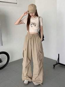 Pantalones De Pierna Ancha De Color Sólido Con Cordón En La Cintura Para Mujeres - Caqui - Ver 4