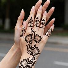 2 Sheets Full Hand Flower Design Black Toe Hand Tattoo Stickers Women Floral Print Tattoo Stickers Waterproof Tattoo Stickers Brown Tattoo Stickers Women Body Art Stickers Wedding Party Black Tattoo Stickers - Black - View 3