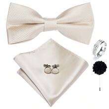 5Pcs Apricot Solid Simple Men Accessory Set, Bow Tie Pocket Square Cufflinks Ring Boutonniere, Random Cufflink Patterns, Groom Wedding - Apricot - View 2
