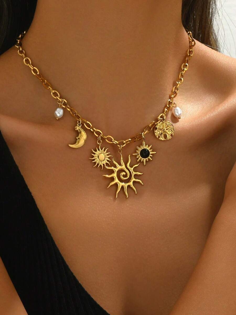 LIEBEIRIS pieza Collar de Acero Inoxidable con Cadena Gruesa Chapada en Oro de, DiseñGeométrico de Espiral Hueca y Sol, Adecuado para Uso Diario de Mujeres y para Regalos. - Oro amarillo - Ver 1
