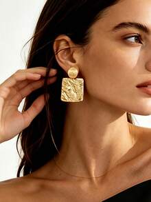 1 Pair New Vintage Minimalist Alloy Distressed Square & Round Disc Earrings, Versatile Daily Commute Jewelry For Women - Yellow Gold - View 1