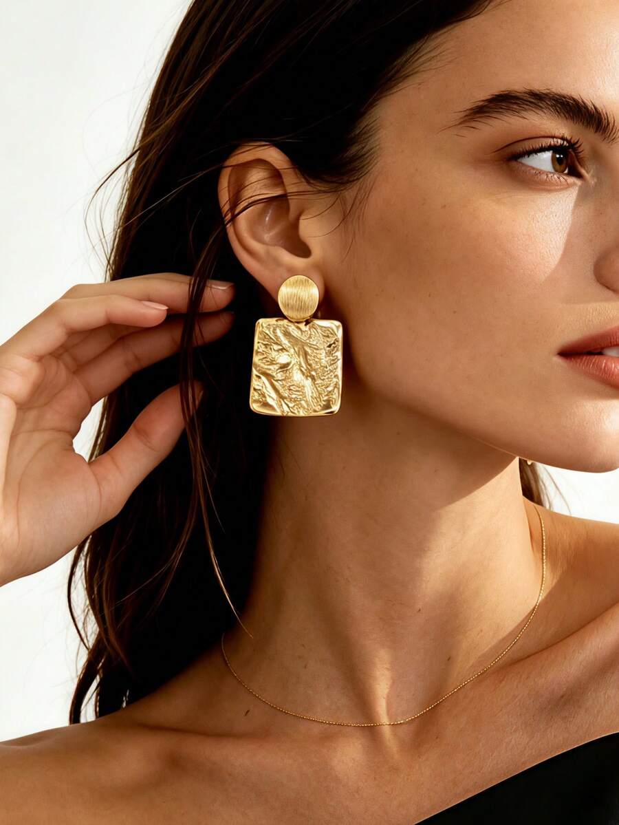 1 Pair New Vintage Minimalist Alloy Distressed Square & Round Disc Earrings, Versatile Daily Commute Jewelry For Women - Yellow Gold - View 1