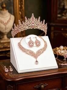 4pcs Women's Wedding & Event Bridal Headpiece Fashion Jewelry Set, Vintage Style Crown Headpiece, Prom Accessories, Prom Jewelry, Goddess Crown, Princess Crown - Multicolor - View 1