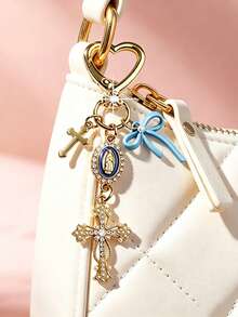 1pc Bow Cross Keychain, Decorated With Religious Love And Crystal Cross Pattern, Embedded With Virgin Mary Image, Embellished With Resin Beads And Rhinestones - Suitable For Keychains, Bag Charms, Cross Pendants, Wallets, Backpack Accessories, Earphone Case Accessories, Luggage And Car Keychains, Bag Charms, Chain Bag Pendants, Also An Excellent Choice For Mother's Day Gifts. - Multicolor - View 5