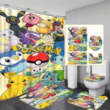 Mixed Multi-Generation All Characters Collage 4-Piece Bathroom Set, Cream Yellow Background Poké Ball Complete Design Shower Curtain, Bath Mat, Toilet Lid Cover Set, Anime Bathroom Decor Set - Cartoon C - View 1