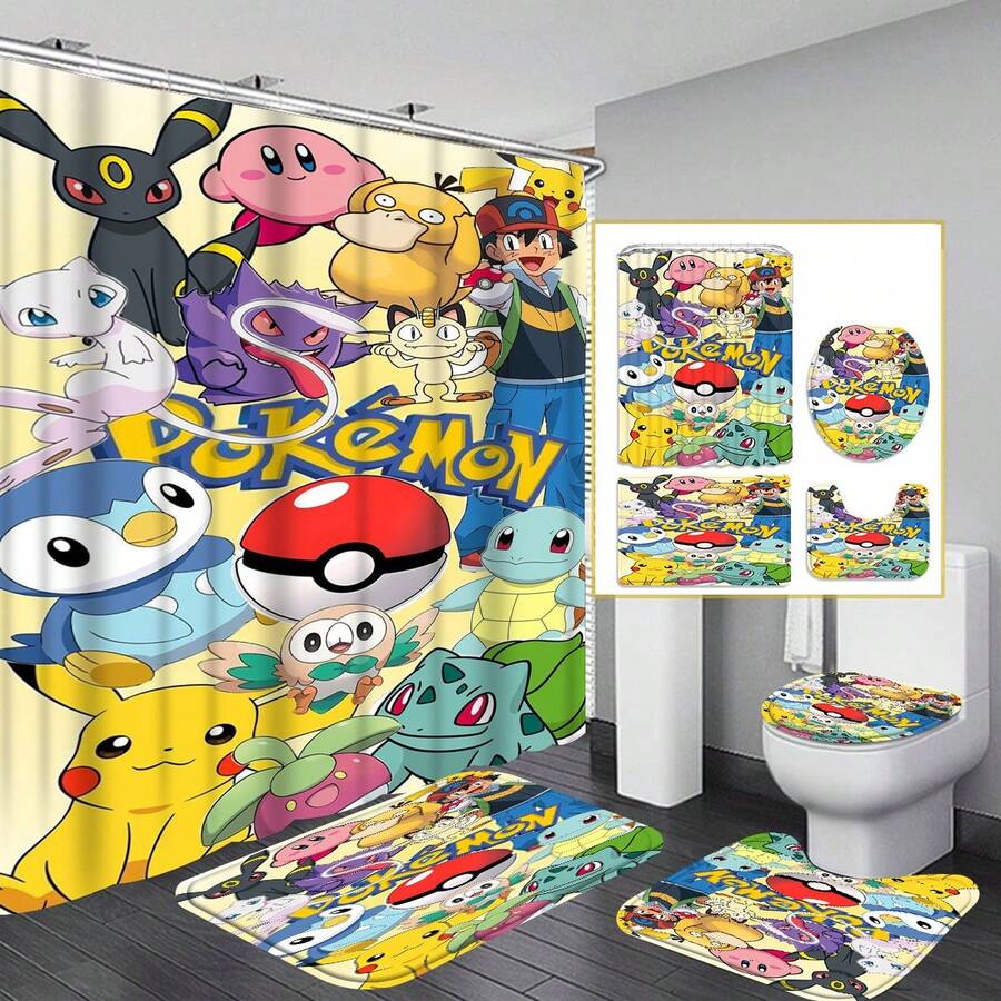 Mixed Multi-Generation All Characters Collage 4-Piece Bathroom Set, Cream Yellow Background Poké Ball Complete Design Shower Curtain, Bath Mat, Toilet Lid Cover Set, Anime Bathroom Decor Set - Cartoon C - View 1