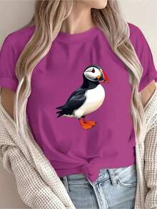 Llegada] Camiseta con Estampado Navideño de Puffins, Casual para Mujer, Vacaciones, Manga Corta, Cuello Redondo, Primavera/Verano, Lavable a Máquina, Nueva Ropa de Mujer, Versátil para Salir - Amarillo - Ver 6