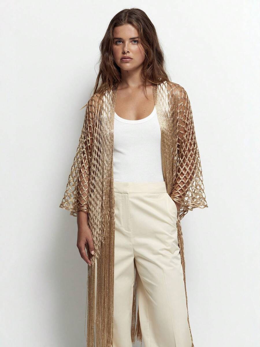 1 Peça Xale Elegante Novo com Fios Dourados e Prateados, Toalha Plana com Borlas, Lenço para Praia, Jantar, Brincadeira, Dança, Casamento, Acessórios de Praia - Multicolorido - Visão 1