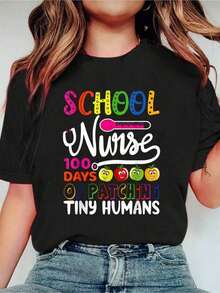 Funny Casual T-Shirt With School Nurse And "100 Days Of Patching On Little Humans" Print, Round Neck, Short Sleeve, Sports Top, Women's Clothing Casual Smart/Urban Style - 黑色 - 查看 1
