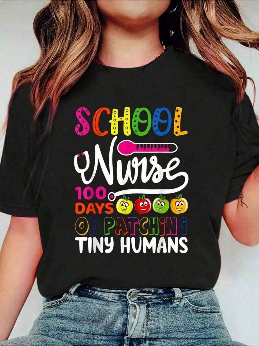 Funny Casual T-Shirt With School Nurse And "100 Days Of Patching On Little Humans" Print, Round Neck, Short Sleeve, Sports Top, Women's Clothing Casual Smart/Urban Style - 黑色 - 查看 1