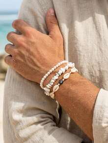 3pcs/Set Men's Beach Layered Bracelet Set: Seashell, Pearl, Evil Eye Stone Beaded Bracelets, Bohemian Style Vacation And Daily Wear Jewelry - White K - View 2