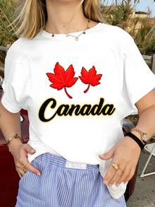Camiseta para Mujer Canada Maple Leaf con cuello redondo, corte holgado, casual, cómodo y dise?o gráfico único - Blanco - Ver 1