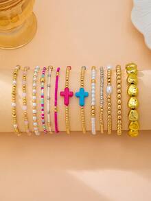 13pcs/Set Multi-Color Cross Colorful Dopamine Layered Beaded Bracelets, Sweet & Versatile, Suitable For Women's Daily/Vacation/Date Wear - Multicolor - View 4