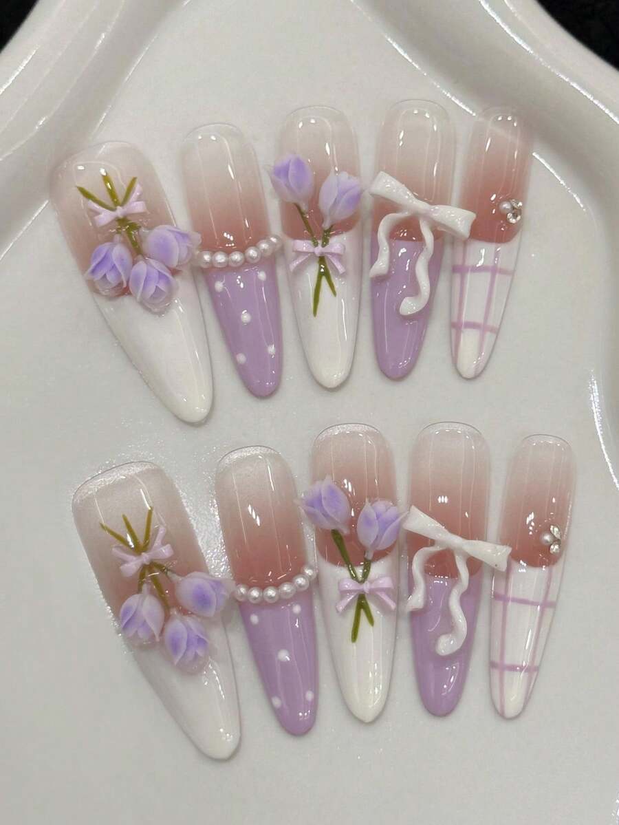 10 Peças Unhas Postiças Longas Stiletto Feitas à Mão para Festa e Uso Diário, Unhas Roxas, Tulipas Roxas Esculpidas em 3D, Para Usar 10 Peças Unhas Postiças Feitas à Mão Y2K, Unhas de Verão. Fácil de Usar, Unhas de Verão, Adequado para Meninas e Mulheres em Festivais, Festas e Uso Diário