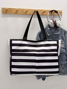Bolso de lona de gran capacidad para mujer, bolso de hombro a rayas para ir al trabajo y hacer compras - Negro - Ver 6