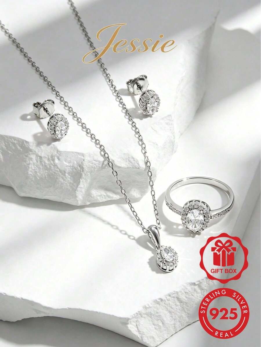 Vaerine 1 Set Elegant Luxurious Sparkling Classic 925 Silver Zirconia Oval Jewelry Set For Banquet Wedding Matching Gift - Oval Set - View 1