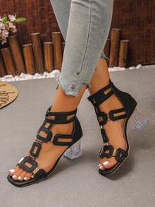 XfxfA Par de sandalias de tacón alto de moda para mujer con cremallera trasera blanca, transpirables con dedos expuestos, adecuadas para citas/compras/fiestas. - Negro - Ver 5