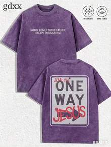 Jesus Graphic Print T-Shirt 'God Has A Plan', Double-Sided Print, Washed T-Shirt, Party Favors, Y2K Graphic Tees For Men, Vintage Washed Style T-Shirts - Ungu 2 - View 1